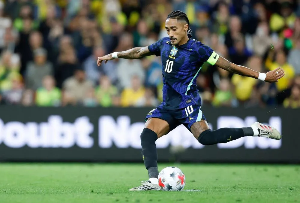 Raphinha anotou um gols da vitória por 4 a 2 do Brasil sobre a Austrália, em Brisbane/ Foto: RAFAEL RIBEIRO/CBF