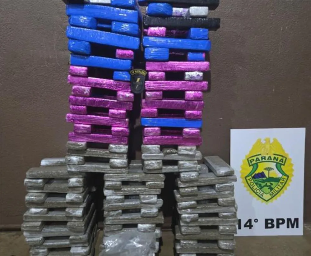 Ao todo, as equipes da Rocam recolheram 95 kg de maconha em tabletes, que foram entregues à Polícia Civil junto com os presos  (Foto: Polícia Militar)