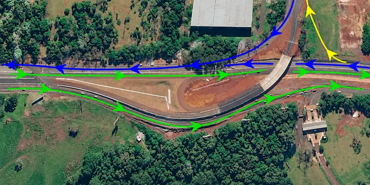 Alteração no trânsito da BR-469: acesso ao Aeroporto Internacional de Foz do Iguaçu terá mudanças a partir desta terça-feira (20), após o meio-dia, devido às obras de duplicação. Foto: DER