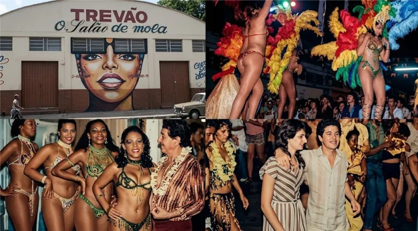 Conhecido como um dos mais famosos salões de baile, o Trevão reuniu milhares de pessoas em noites marcadas por música, dança e grandes shows. Foto: Jornal Nosso Tempo/reprodução colorizada por IA